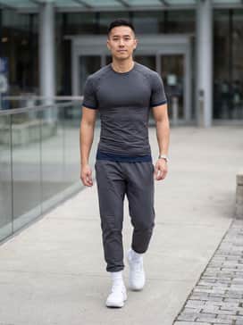Match with charcoal grey athletic joggers and a moisture-wicking compression shirt in a contrasting navy blue for a focused training session look.