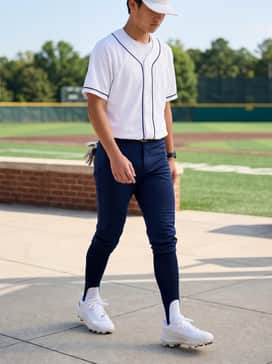 A professional-style team baseball uniform featuring a moisture-wicking white jersey, navy blue knicker-style pants, and matching tall stirrup socks to highlight the clean white shoes.