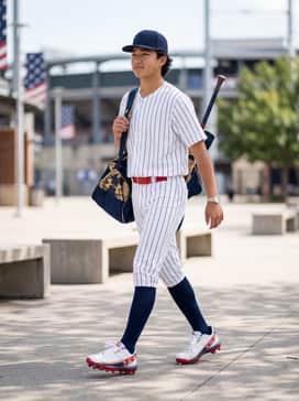 A crisp white pinstriped baseball uniform with navy blue stirrups and a matching red belt to echo the shoe's primary accent colors.