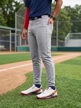 Ua Harper 10 Tpu Jr Le Usa – Grey tapered baseball pants paired with a navy blue moisture-wicking jersey and a red performance undershirt for a professional practice look.