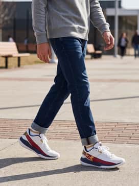 Ua Harper 10 Turf Jr Usa – Style with slim-fit tapered denim jeans, a simple navy crewneck sweatshirt, and a red baseball cap for a coordinated, patriotic weekend outfit.
