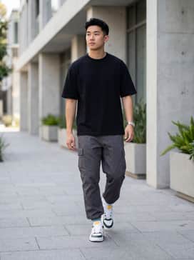 Ua Hblo – Pair with oversized charcoal grey cargo pants and a boxy black graphic t-shirt for an effortless streetwear-inspired look that matches the shoe's bold volume.