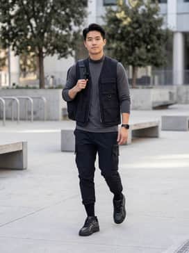 Techwear-inspired look featuring black tapered cargo joggers with multi-pocket details, a charcoal grey moisture-wicking mock-neck shirt, and a structured black utility vest.