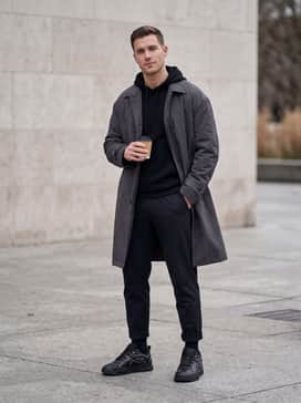 Ua Hblo – Upscale athleisure vibe with charcoal marl performance joggers, a matching fitted zip-up hoodie, and an oversized black trench coat to add a layer of sophistication.