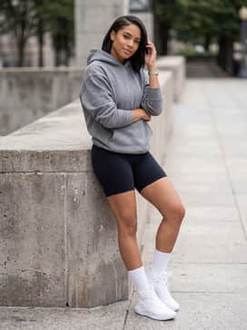 Ua Highlight Ace 2 – Matte black biker shorts worn with a grey oversized premium cotton hoodie and white mid-calf socks to emphasize the high-top silhouette.