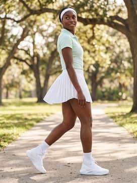 A pleated white tennis skirt matched with a fitted pastel-colored ribbed polo shirt and a matching headband for a clean, sporty-chic weekend ensemble.
