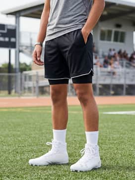 Training-ready look featuring black mesh athletic shorts, a grey performance tech-tee, and white crew-length socks pulled high.