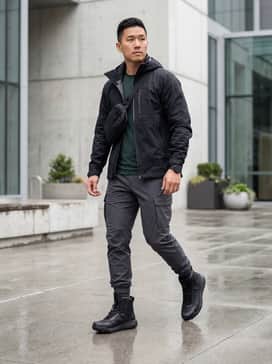 Ua Hovr Dawn Waterproof 20 – A trail-ready look featuring charcoal ripstop cargo pants, a moisture-wicking forest green base layer, and a black waterproof hardshell jacket for total weather protection.