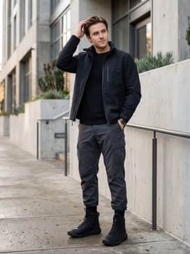 Ua Hovr Dawn Waterproof 20 – A modern rugged outfit consisting of dark-wash tapered jeans, a heavy-weight cream thermal henley, and a navy blue waxed canvas chore coat for a balanced city-to-trail vibe.