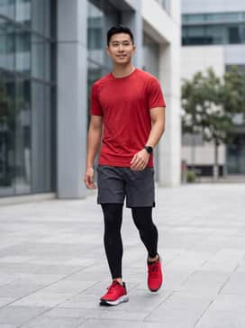 Ua Hovr Turbulence 2 – A performance-focused athletic look featuring black compression tights under charcoal grey running shorts, paired with a matching red moisture-wicking tech tee.