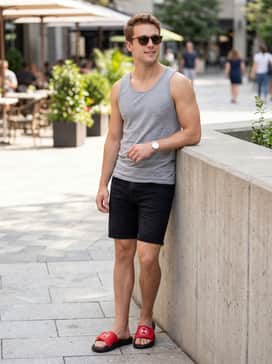 Relaxed-fit black denim shorts with a simple heather gray tank top and polarized sunglasses for a summer outing.