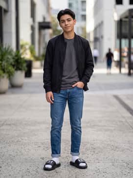 A relaxed weekend ensemble consisting of light-wash tapered jeans with a rolled hem, a soft grey graphic t-shirt, and a matching black baseball cap.