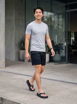 Pair with black mesh athletic shorts and a light grey moisture-wicking compression shirt for a focused post-workout look.