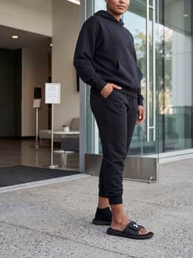 Ua Ignite Pro – Black tapered joggers and a matching oversized graphic hoodie for a coordinated streetwear-inspired aesthetic.