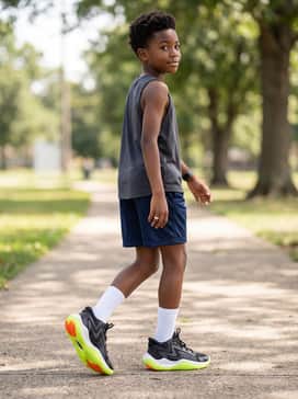 A summer active kit comprising breathable navy mesh shorts, a charcoal performance tank top, and high-performance white crew socks to highlight the sneaker silhouette.