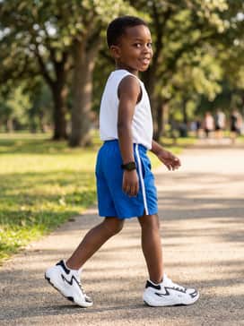 Ua Jet 25 Preschool – Bright blue nylon track shorts paired with a simple sleeveless tank top and a matching sports watch for ultimate summer playability.