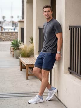 Ua Kilchis Camo – A rugged yet clean outdoor outfit pairing olive green cargo shorts with a breathable charcoal grey t-shirt and a lightweight utility vest.