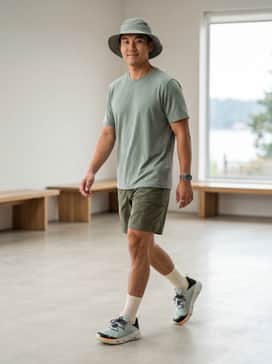 Ua Kilchis River – Olive green quick-dry cargo shorts paired with a breathable sage performance tee and a wide-brimmed sun hat for a day on the river.
