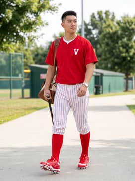 Ua Leadoff Icon Low Rm – A full team uniform featuring white pinstriped baseball pants, a matching red jersey, and high-performance red socks.