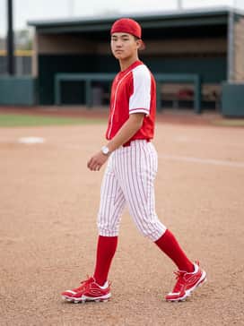Ua Leadoff Icon Low Rm Jr – White baseball pants with red pinstripes, red athletic socks, and a matching red team jersey.