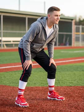 Ua Leadoff Icon Low Rm Jr – Black athletic joggers with a red stripe down the leg and a grey hoodie for morning warm-ups.