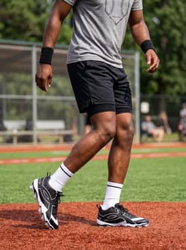 Ua Leadoff Icon Mid – A summer training outfit featuring black mesh athletic shorts, a grey graphic performance tee, and black sweat-wicking wristbands for a cohesive sporty look.