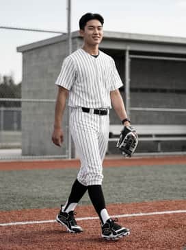Ua Leadoff Icon Mid Rm Jr – A traditional white or grey baseball uniform with pinstripes, paired with knee-high black stirrup socks and a coordinating black leather belt for a classic look.