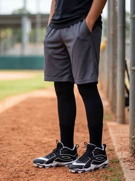 Ua Leadoff Icon Mid Rm Jr – Mesh athletic training shorts in charcoal grey, a moisture-wicking black compression T-shirt, and a lightweight windbreaker for early morning warm-up drills.