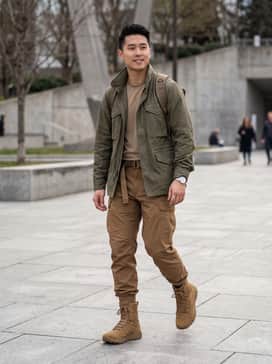Ua Loadout Tactical – A full tactical ensemble featuring olive drab cargo pants tucked into the boots, a coyote brown moisture-wicking base layer, and a matching utility vest.