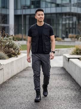 Ua Loadout Waterproof – Tactical cargo pants in charcoal grey tucked into the boots, paired with a black moisture-wicking compression shirt and a durable utility vest for a high-performance look.