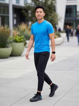 Pair with black moisture-wicking joggers and a fitted performance tee in electric blue to highlight the shoe's logo.
