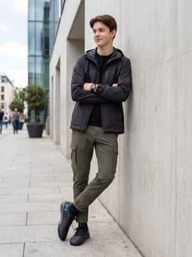 Ua Magnetico Select 5 Indoor – Style with olive green cargo pants, a black technical windbreaker, and sleek silver accessories for a modern techwear aesthetic.