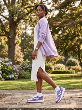 Ua Mirage Sport – A white ribbed midi dress with a side slit, layered with a light purple cardigan to bridge the gap between feminine grace and athletic comfort.