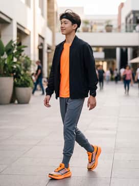 A sleek pair of black performance leggings paired with a moisture-wicking neon orange t-shirt and a matching sports headband.
