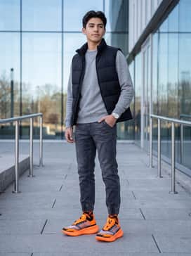 Tapered jogger-fit denim jeans worn with a heather gray pullover hoodie and a black puffer vest for a stylish school-ready look.