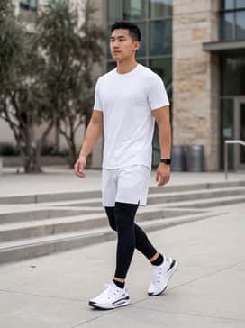 A performance-focused gym outfit featuring black compression leggings under white athletic shorts and a fitted moisture-wicking tech tee.
