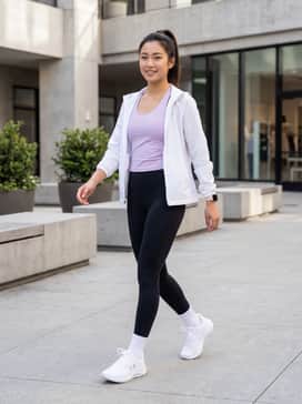 Ua Pursuit 4 – A high-performance look featuring black compression leggings, a moisture-wicking racerback tank in a pastel hue, and a lightweight white zip-up windbreaker.