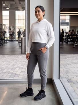 Ua Pursuit 4 – Tapered grey joggers and a cropped white hoodie, finished with a sleek baseball cap for a comfortable yet put-together athleisure ensemble.