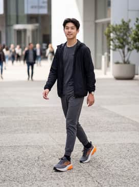 Black tapered joggers paired with a grey moisture-wicking tech tee and a black lightweight windbreaker for a complete athletic look.