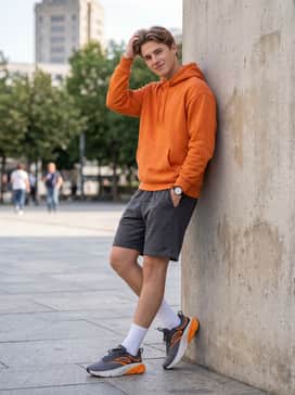 Ua Rogue 6 – Charcoal grey athletic shorts with white crew socks and a vibrant orange oversized hoodie to lean into the streetwear aesthetic.