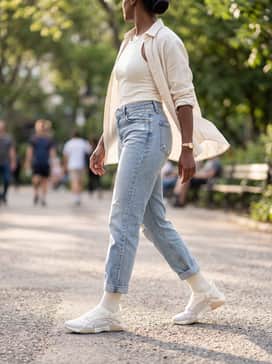 Light-wash distressed boyfriend jeans with a tucked-in fitted ribbed tank top and a linen button-down shirt worn open for a relaxed weekend outing.