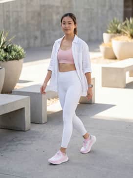 Ua Slipspeed Mega – High-waisted white compression leggings paired with a matching pink sports bra and an unbuttoned white linen shirt for a chic, breathable aesthetic.