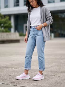 Ua Slipspeed Mega – Tapered light-wash cropped jeans, a simple tucked-in white t-shirt, and a grey oversized cardigan for a relaxed weekend look.