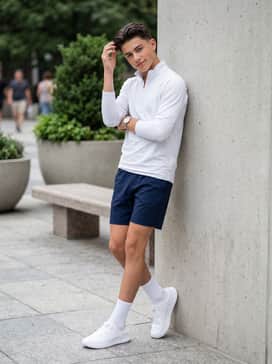 Ua Slipspeed – Style with navy blue athletic shorts and a lightweight quarter-zip training top for a clean, functional outdoor workout outfit.