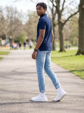 Combine with slim-fit light wash denim and a fitted navy polo shirt for a polished yet casual weekend brunch ensemble.