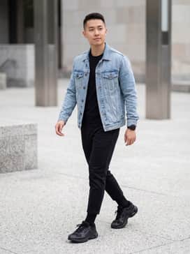 Ua Sola – Black tapered joggers paired with a fitted white t-shirt and an oversized light-wash denim jacket for a classic street look.
