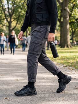 Ua Sola – Charcoal grey utility cargo pants worn with a black mock-neck long-sleeve top and a technical utility vest for a modern gorpcore-lite outfit.