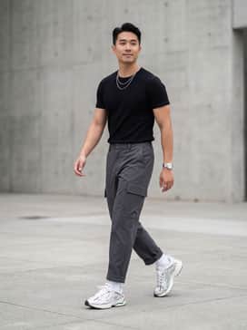 Ua Sola – Baggy charcoal grey cargo pants paired with a black ribbed baby tee and silver layered necklaces to highlight the metallic accents.
