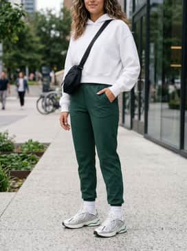 Ua Sola – High-waisted tapered joggers in forest green with a cropped white oversized hoodie and a sleek black nylon crossbody bag.