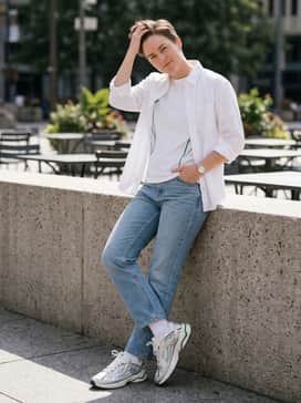Straight-leg light wash jeans with a tucked-in graphic t-shirt featuring green accents and an unbuttoned white poplin shirt as a light layer.